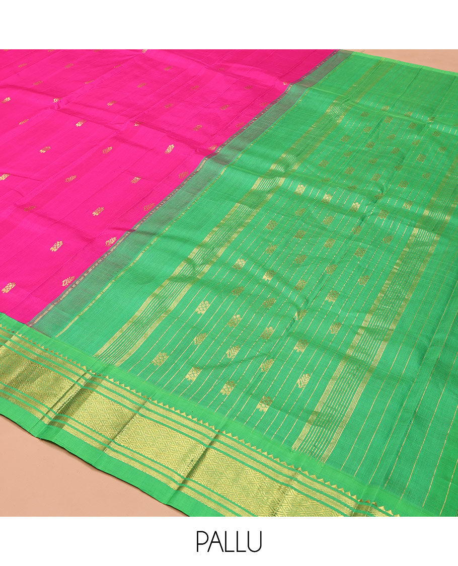 Pink Kanchipuram Silk Saree, Spotlighted with Zari Buttas on Its Body, Complemented by a Contrast One-Sided Korvai Border of Rekku, Banaras, and Mayil Kann Designs, Pallu Steeped with Zari Designs, and Comes Without a Blouse