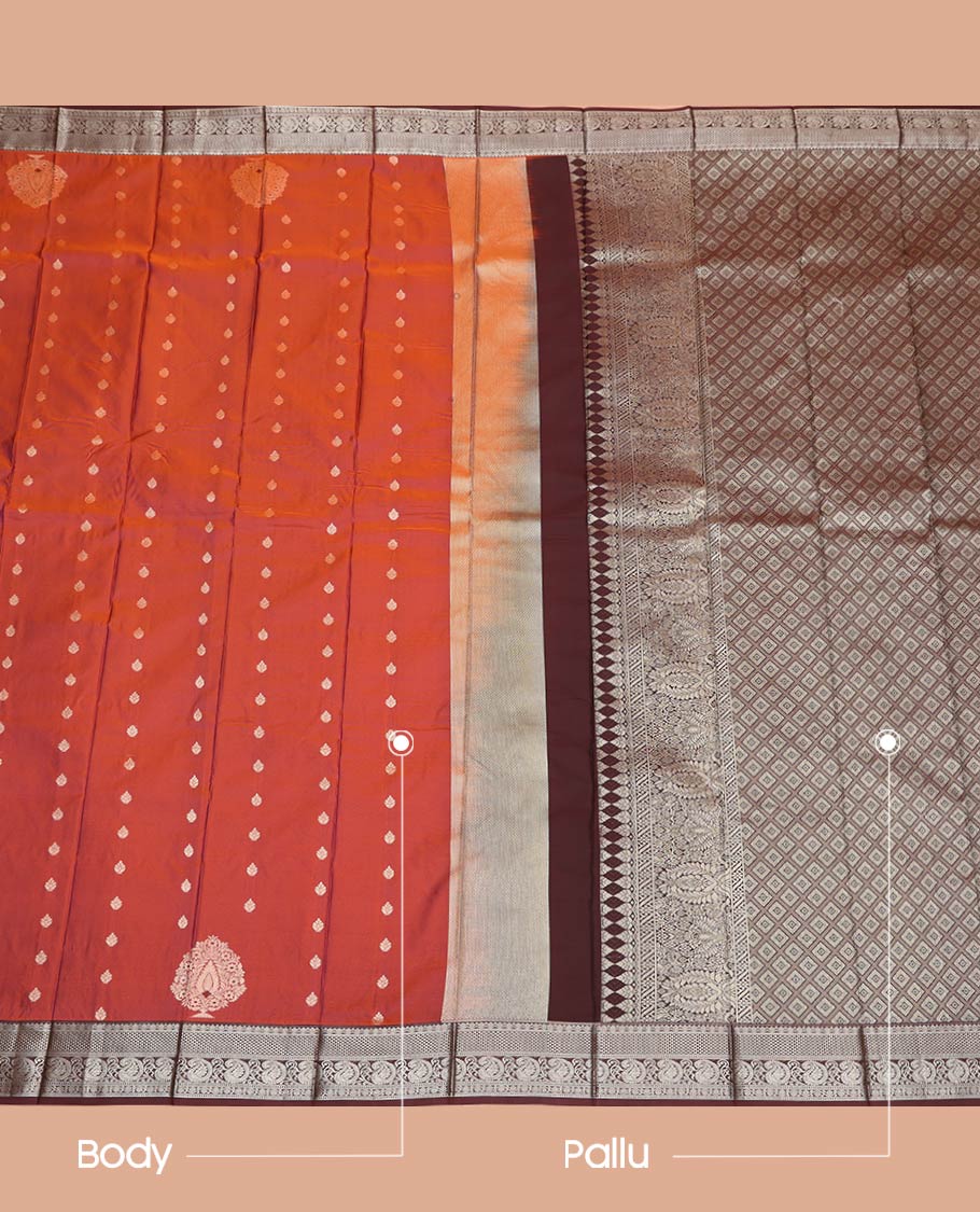 Orange Budget Silk Saree, Finely Crafted with Zari Buttas All Over Its Body, Complemented by a Contrast Traditional Zari Design Border of Paisleys, Grand Jaal Pallu, and Paired with a Contrast Blouse