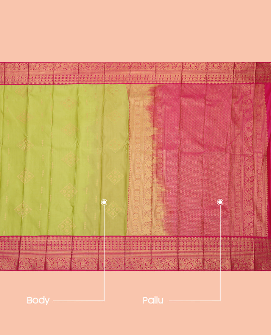 Parrot Green Budget Silk Saree, Gleamed Up with Zari Buttas, a Contrast Traditional Zari Border, Jaal Pallu, and a Contrast Blouse