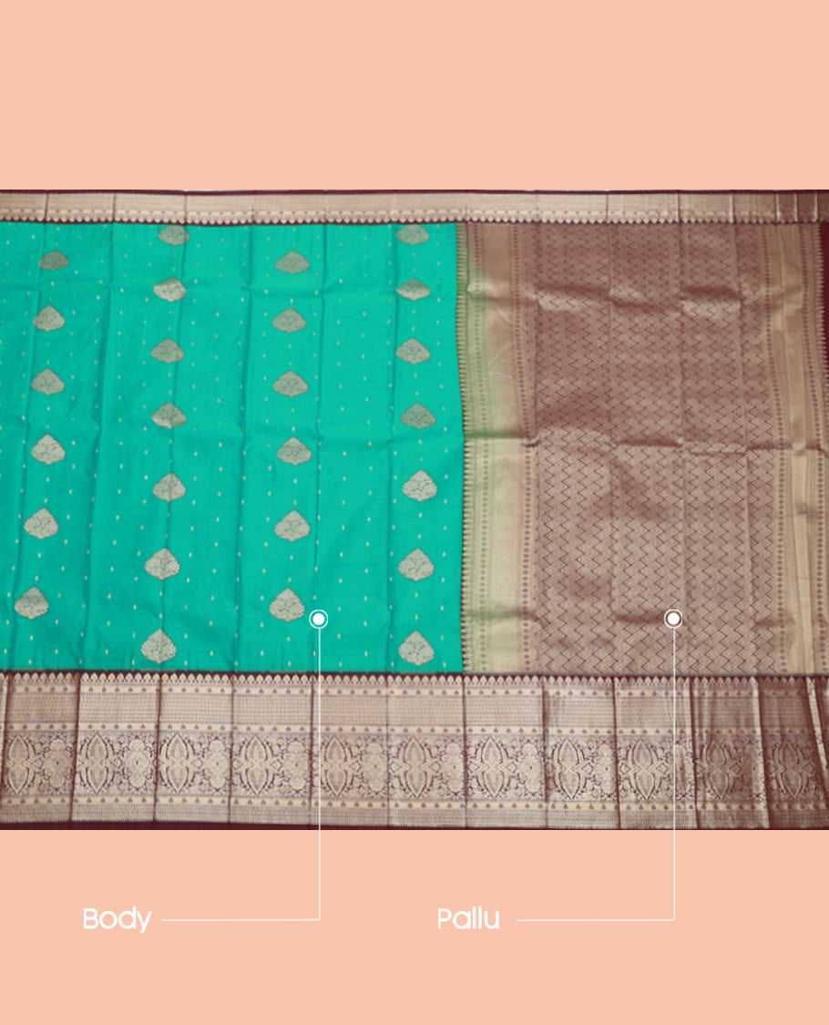 Green Budget Silk Saree, Beautified with Zari Buttas, Complemented by a Contrast Traditional Zari Design Border, Grand Pallu, and a Contrast Blouse