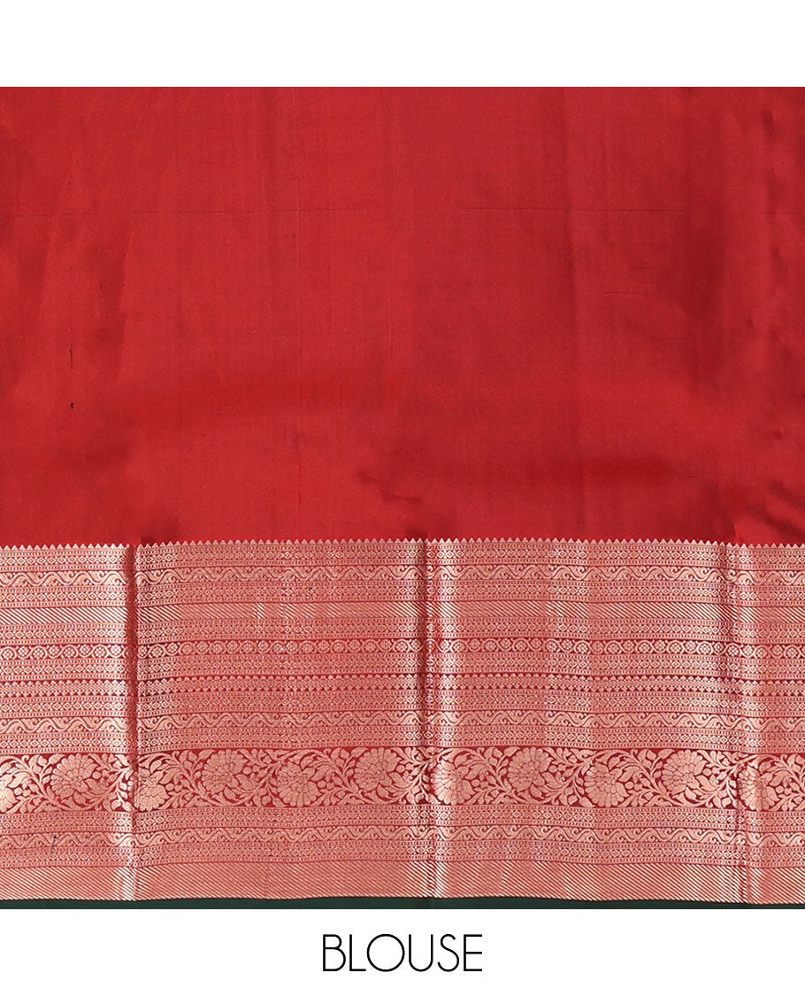 Red Vasundhara Lite Silk Mix Saree, Elevated with Zari Buttas on Its Body, Highlighted by a Zari Border of Rekku, Muthu, Diamond, Rettai Neli, and Kodi Visiry Designs, Grand Jaal-Design Pallu, and Paired with a Contrast Blouse