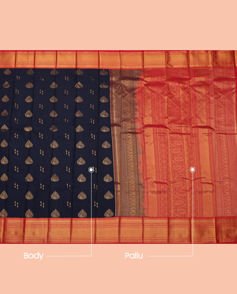 Navy Blue Budget Silk Saree, Woven with Zari Buttas All Over Its Body, Complemented by a Contrast Traditional Zari Design Border, Grand Pallu, and Paired with a Contrast Blouse