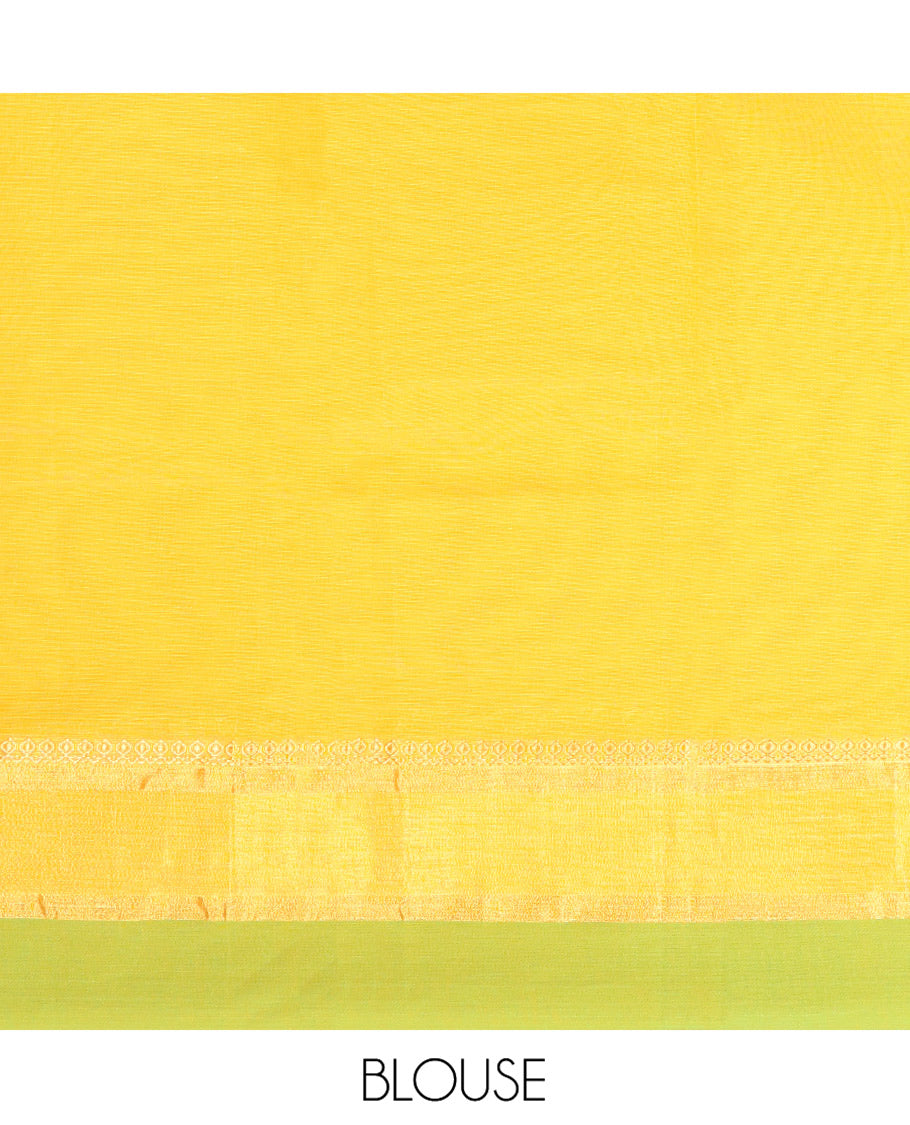 Yellow Kanchi Cotton Saree, Adorned with Buttas All Over Its Body, Complemented by Contrast Border, Pallu of Paisley Designs, and Paired with a Matching Blouse