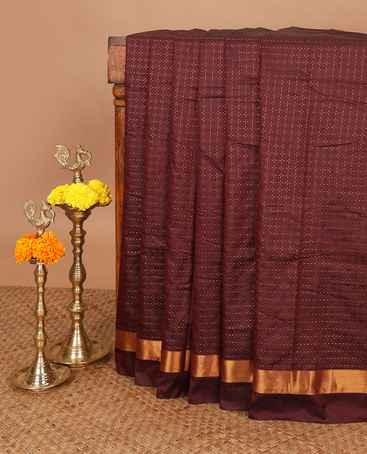 Maroon zari butta mithra silk saree with zari butta border & chit pallu along with zari checked blouse
