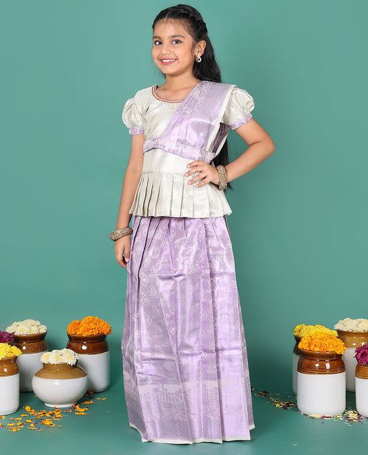 Lavender readymade art silk pavadai, zari design skirt, & jacquard embroidered round neck puff-sleeve blouse with detachable dupatta