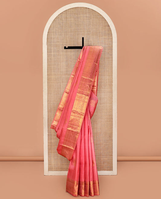 Pink Kanchipuram Silk Saree, Elevated with Zari Buttas All Over Its Body, Highlighted by a Zari Border of Traditional Designs, Pallu of Jaal Designs, and Paried with a Matching Blouse