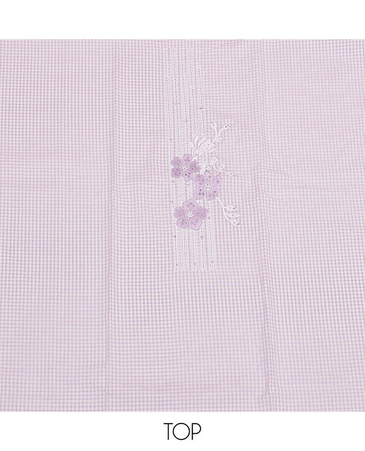 Lavender Cotton Material Churidar Set, Crafted with Checked and Floral Embroidery Top, Plain Bottom, and Floral Printed Dupatta