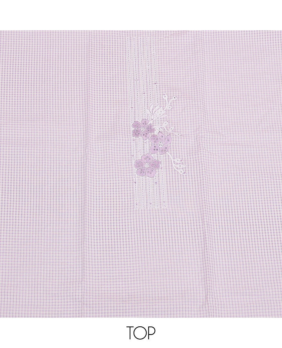 Lavender Cotton Material Churidar Set, Crafted with Checked and Floral Embroidery Top, Plain Bottom, and Floral Printed Dupatta