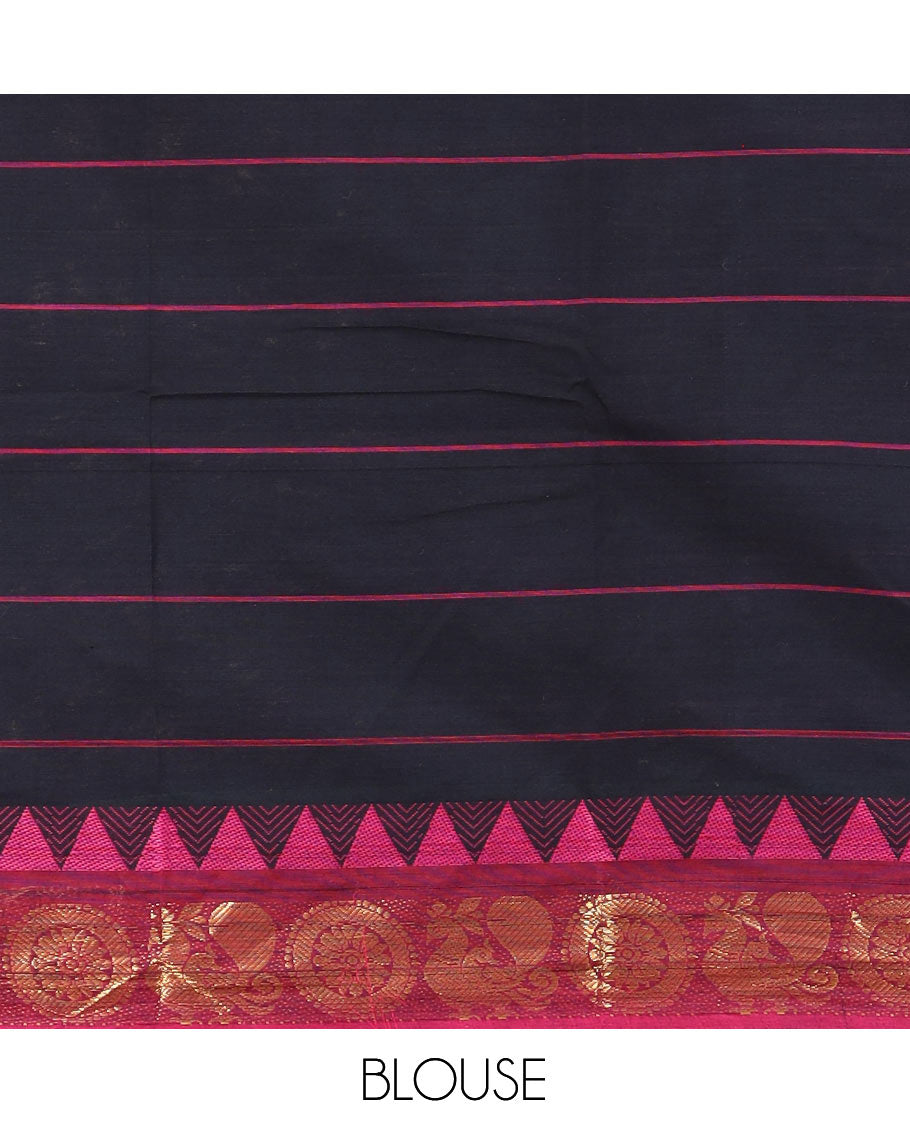 Black Chettinad Cotton Saree Features Butta Enclosed Checks, a Contrast Temple Annam-Peacock Ganga-Jamuna Border, and a Matching Blouse