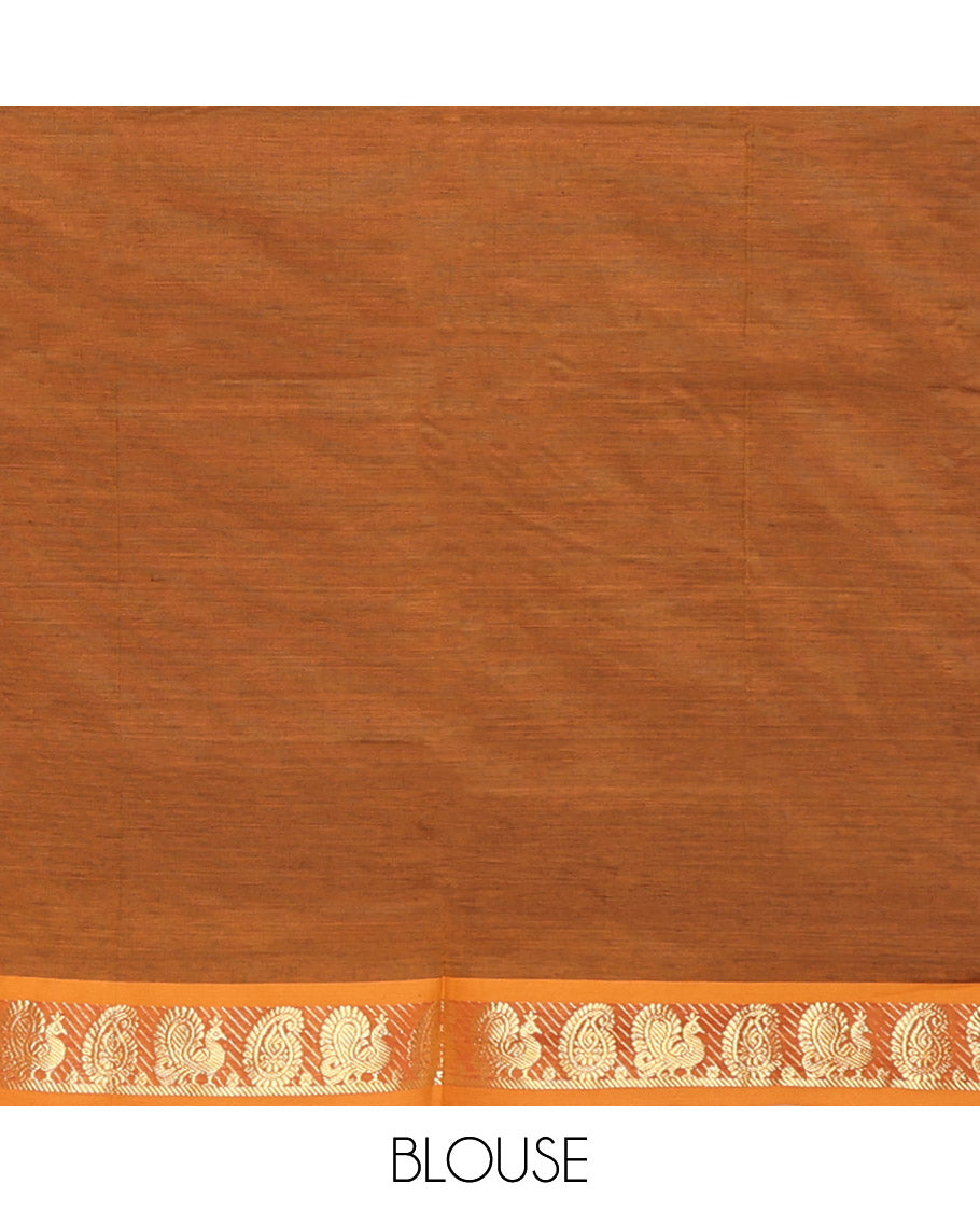 Violet Plain Poly Cotton Saree, Complemented by a Contrast Zari Peacock-Paisley Design Border, Contrast Striped Pallu, and Paired with a Contrast Blouse