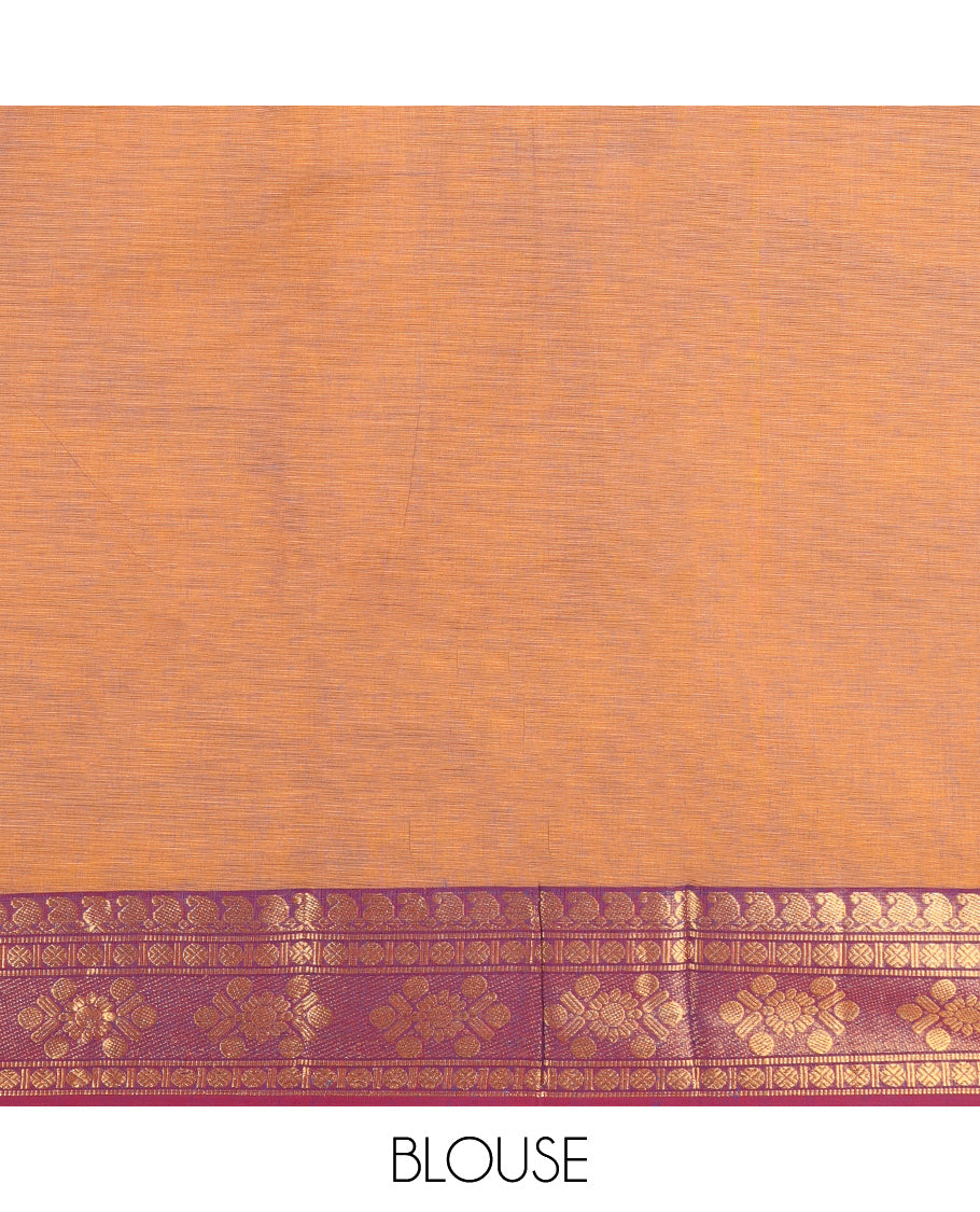 Orange Plain Chettinad Cotton Saree, Complemented by Contrast Traditional Zari Design Border, Striped Pallu, and Paired with Matching Blouse