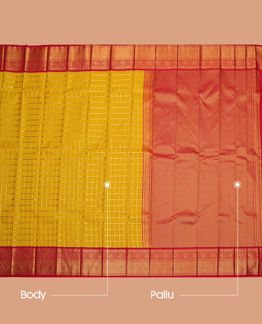 Yellow Budget Silk Saree, Sparsely Woven with Zari Butta Enclosed Checks, Complemented by Contrast Tradittional Zari Border, Grand Pallu, and a Contrast Blouse