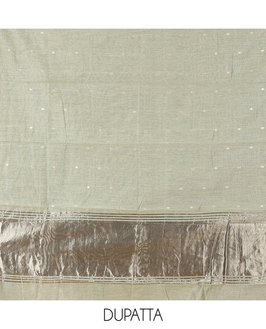 Pista Green Banarasi Chanderi Material Churidar Subtly Sparkled with Buttas Top, a Plain Bottom, and a Matching Dupatta