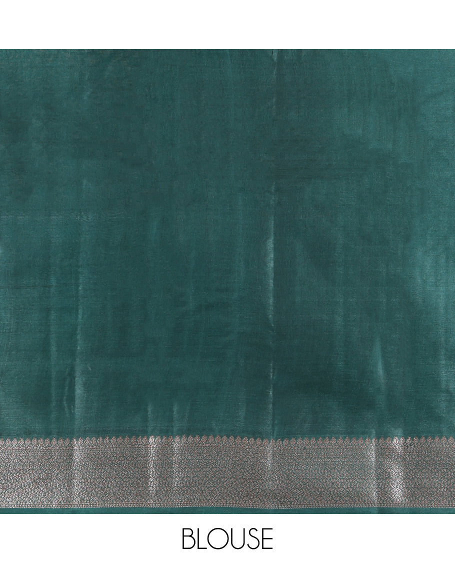 Green Tusser Silk Saree, Embellished with Zari Buttas, a Zari Border, Intricate Pallu, and a Matching Blouse