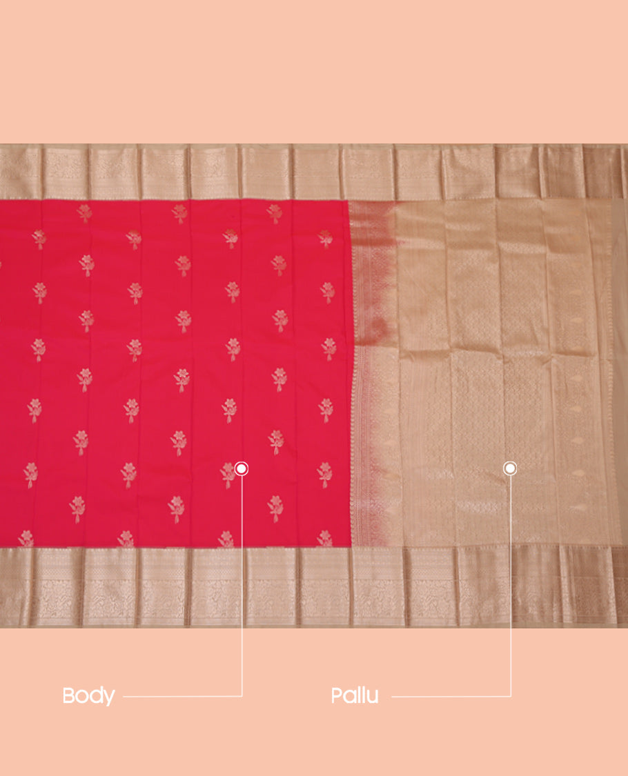 Red Budget Silk Saree, Finely Crafted with Zari Buttas, Complemented by a Contrast Traditional Zari Border, Jaal Pallu, and a Contrast Blouse