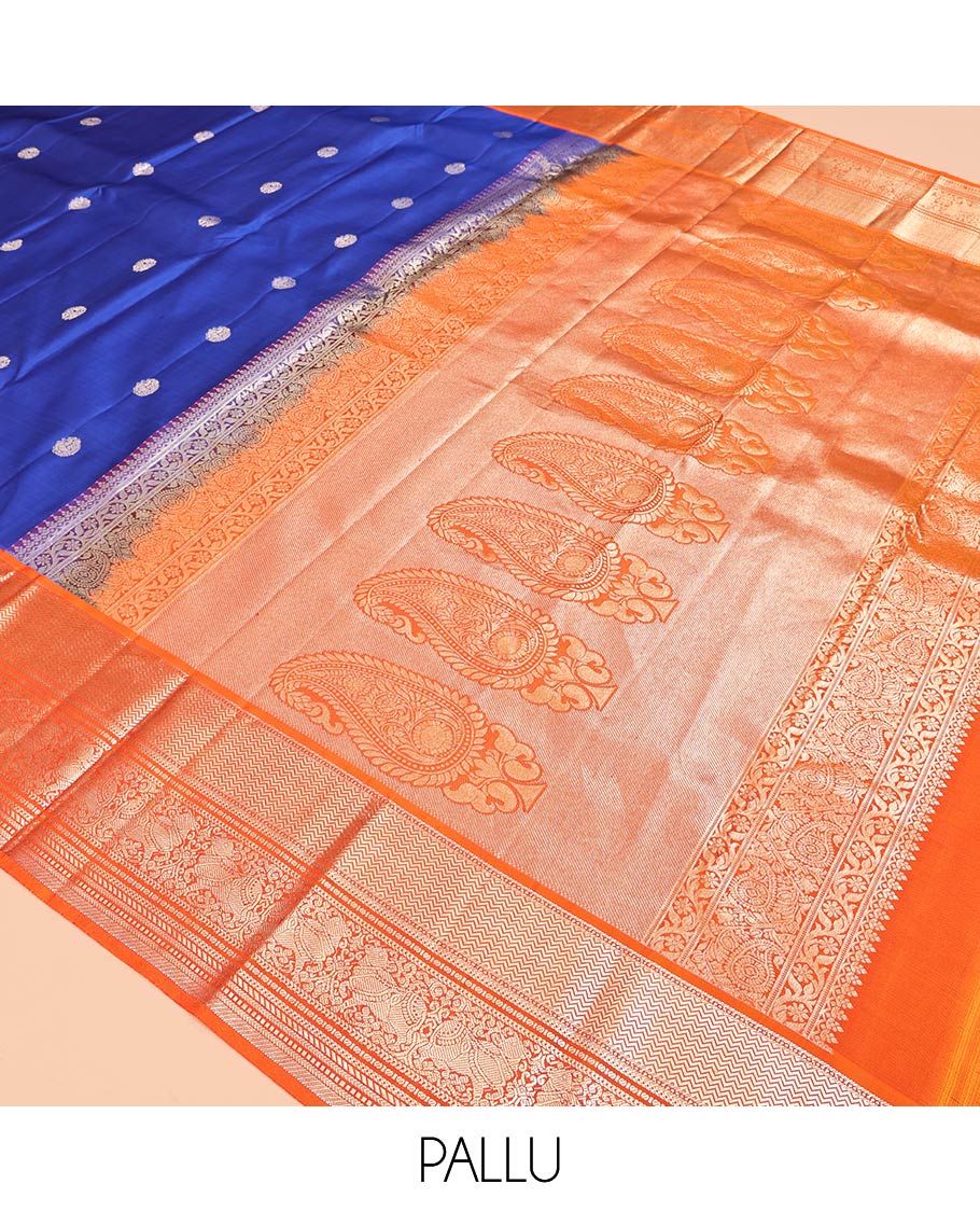 Blue Vasundhara Silk Saree Featuring Zari Buttas, Complemented by a Contrast Border of Vanki and Pichwai Cow Designs, Grand Pallu, and Contrast Blouse