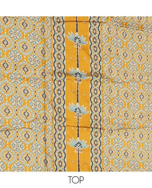 Yellow Material Chudidar Set, Artfully Detailed with Ajrakh Printed Cotton Top, Complemented by Printed Cotton  Bottom, and Paired with Floral Printed Cotton Dupatta