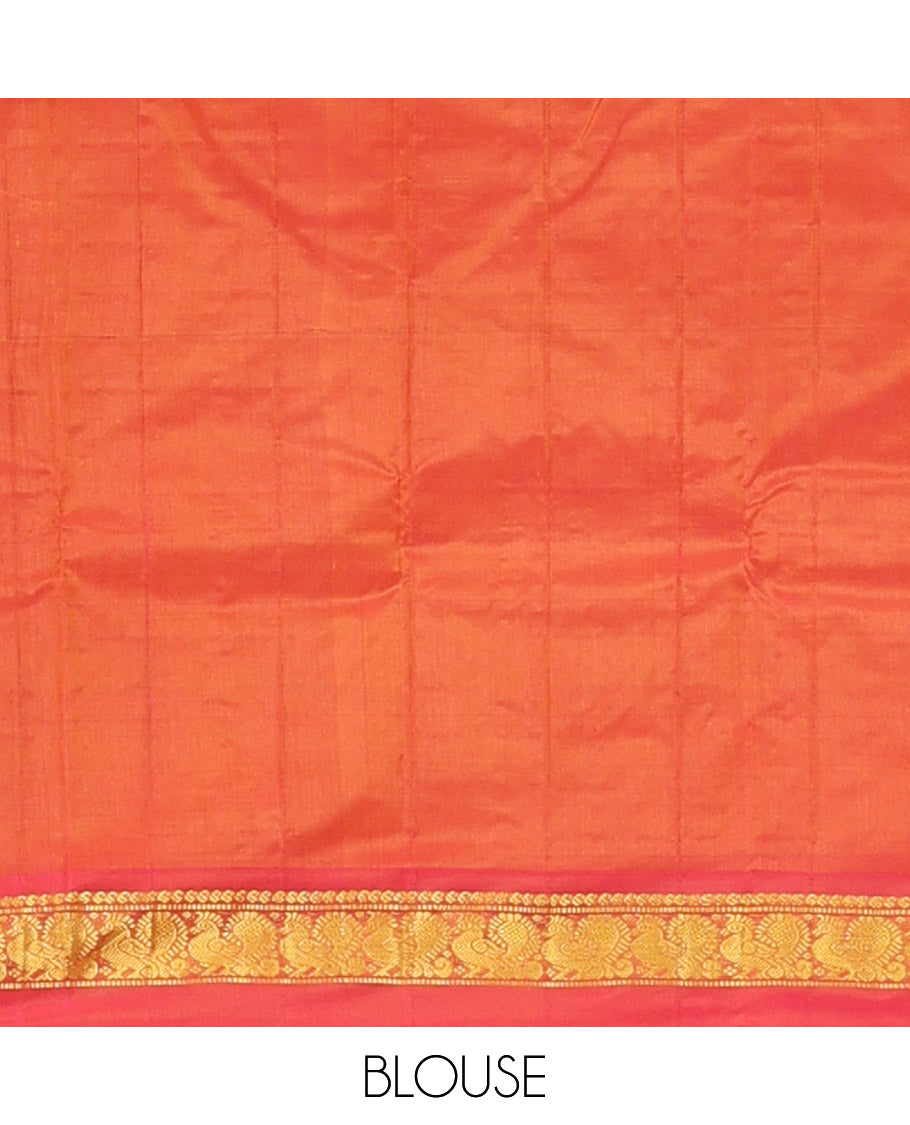 Yellow Kanchipuram Silk Saree Bedecked with Resham Threads Neli Stripes, Elevated with Contrast Kal Erangina Border Featuring Manga, Muthu, and Mayil Designs, Sparsely Woven Pallu, and Paired with a Contrast Blouse