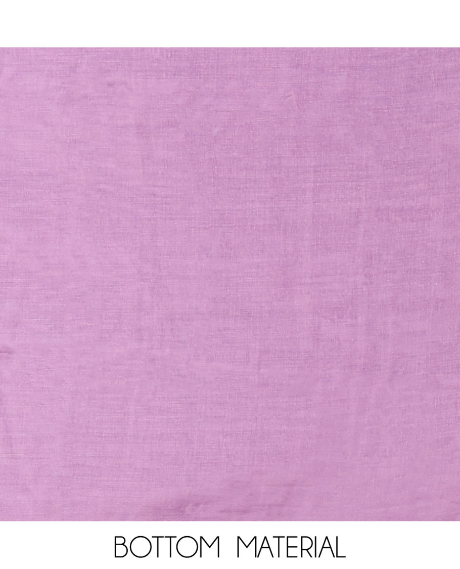 Lavender Vichitra Silk Material Chudidar Set, Sparsely Woven with Embroidered Top, a Plain Santoon Bottom, and Paired with a Matching Vichitra Silk Embroidered Scallop Dupatta