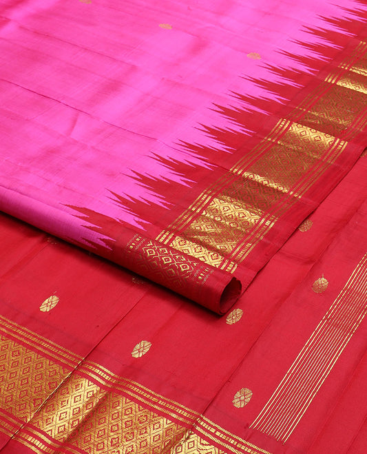 Pink zari buttas kanchipuram silksaree, contrast one-sided thazampoo rekku border of muthu,banaras & jaal & zari design pallu