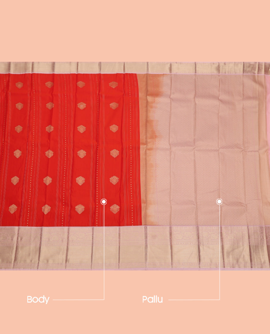 Orange Budget Silk Saree Features with Zari Buttas and Stripes, Complemented by a Contrast Traditional Zari Border, Jaal Pallu, and Contrast Blouse