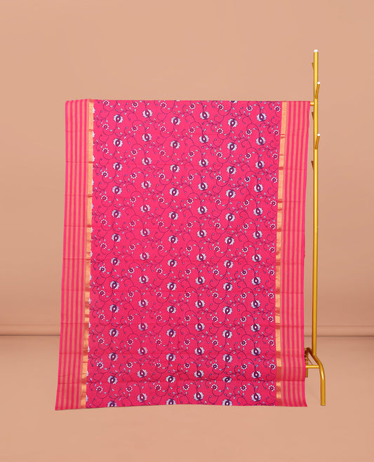 Rani Pink  Chirala Cotton Saree, Embellished with Floral Vine Print, Striped Border, Printed Pallu, and a Matching Blouse