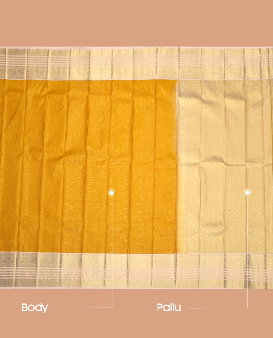 Yellow Budget Silk Saree, Sparsely Woven with Buttas and Checks All Over Its Body, Complemented by a Contrast Traditional Zari Design Border, Grand Pallu, and Paired with a Contrast Blouse
