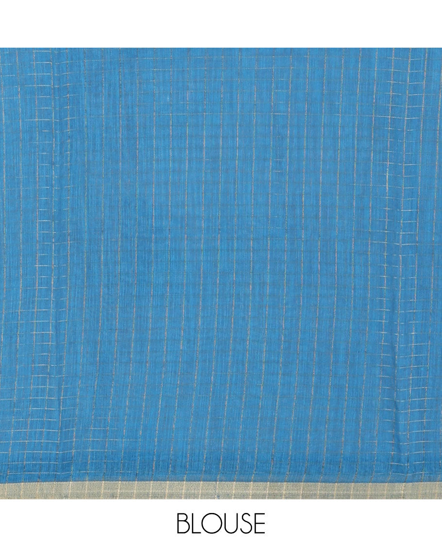 White with blue zari checks linen saree with contrast border and unique designs of pallu along with contrast plain blouse
