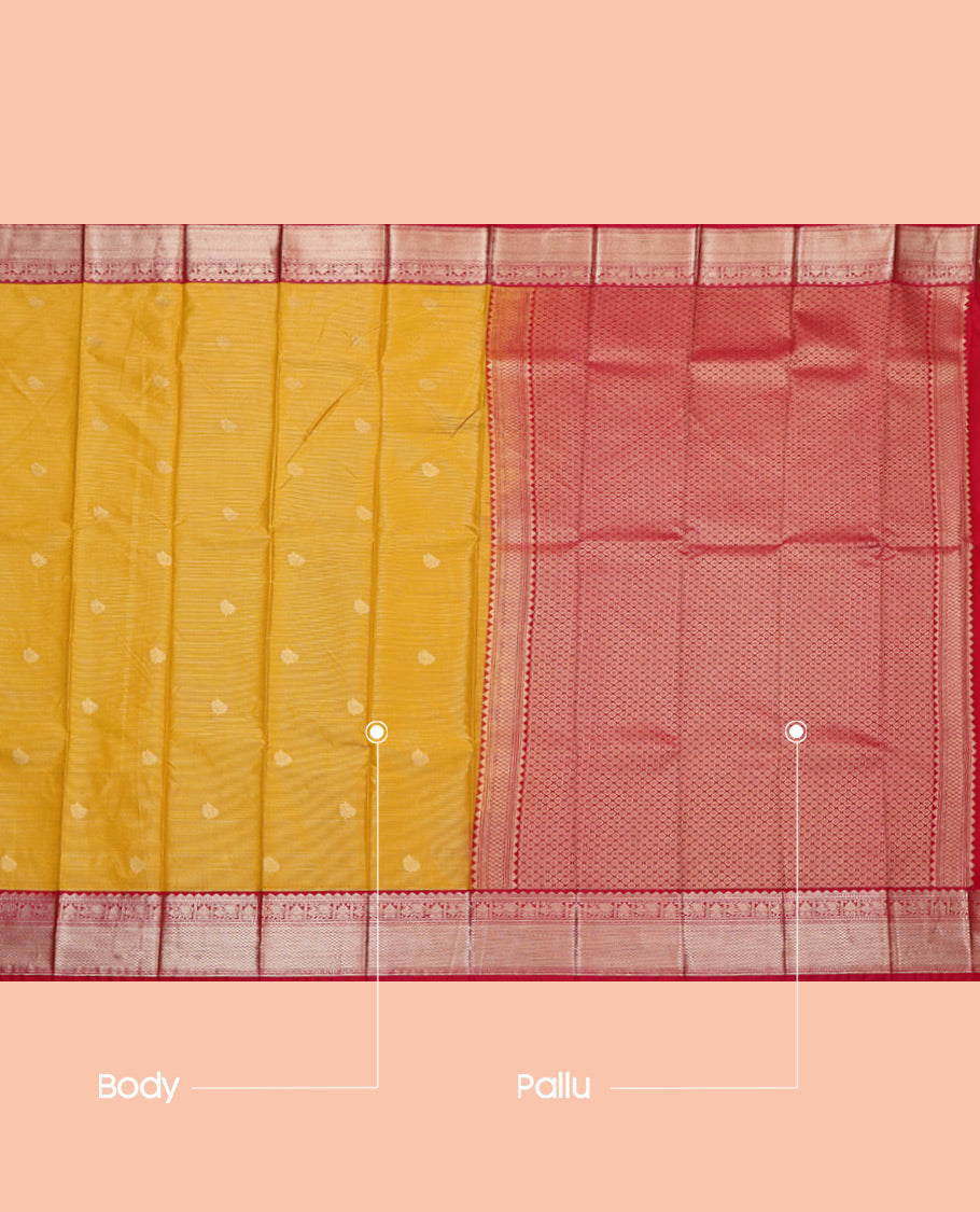 Yellow Budget Silk Saree, Bedecked with Zari Buttas and Stripes, Complemented by a Contrast Traditional Zari Border, Grand Pallu, and a Contrast Blouse