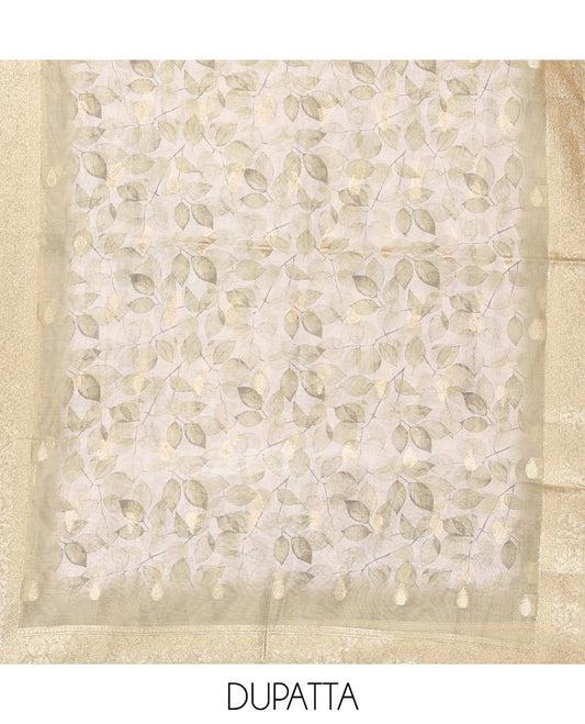 Cream-Pista Banarasi Tissue Chanderi Material Chudidar, Buttas Top, Contrast Bottom, Floral Print Dupatta
