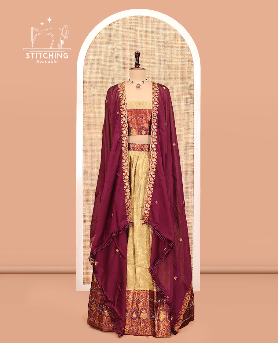 Gold-Brown Banarasi Half-Saree, Bedecked with Butta Enclosed Ogee Design, a Contrast Traditional Zari Stone Work Border, a Matching Blouse, and a Contrast Embroidered Dhavani