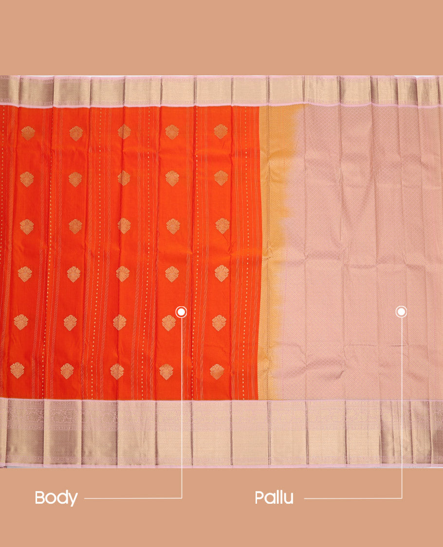 Orange Budget Silk Saree, Detailed with Zari Buttas, Complemented by a Contrast Traditional Zari Border, Grand Pallu, and Contrast Blouse