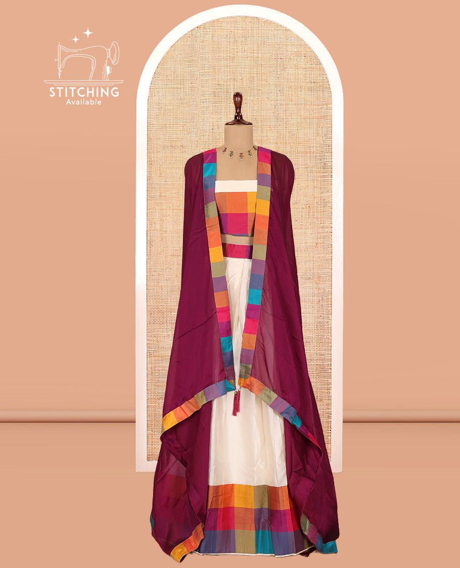 Cream-Wine Semi- Silk Plain Half-Saree, Contrast Madras Checked Border, Matching Blouse and a Contrast Syska Georgette Dhavani