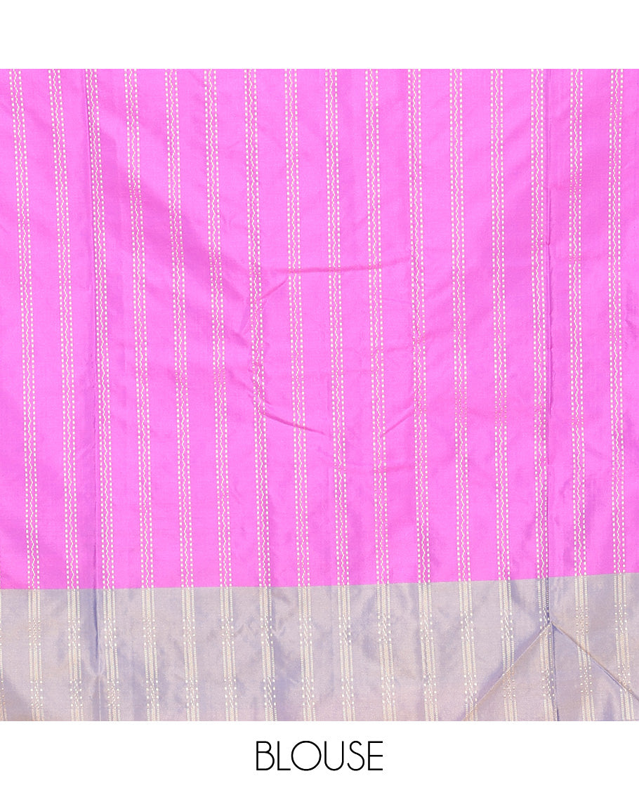 Pink Aarani Silk Saree, Embellished with Zari Stripes All Over Its Body, Complemented by a Contrast Zari Striped Border, Pallu of Stripes, and Paired with a Matching Blouse