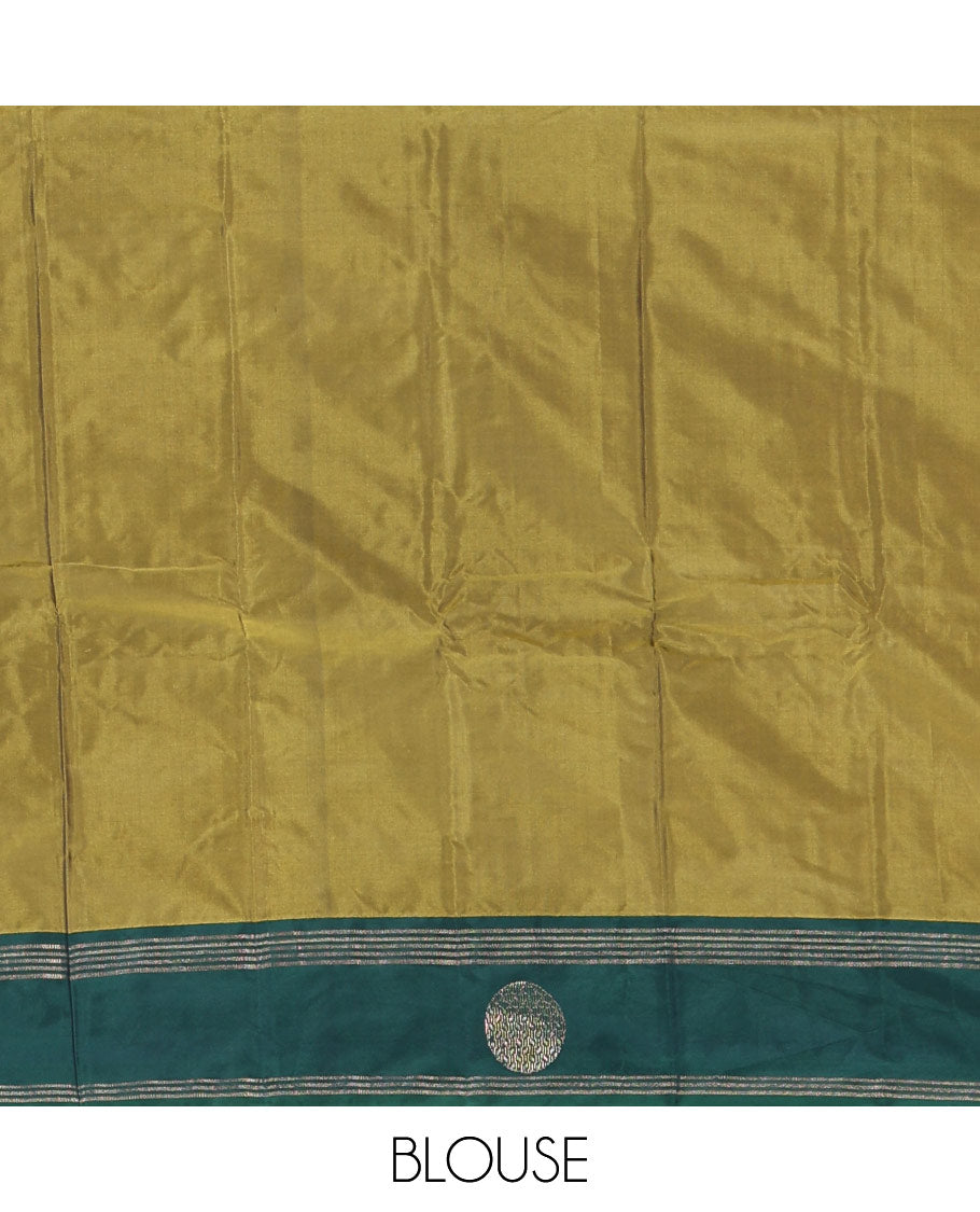 Green dobby style buttas semi-soft silk saree, contrast round buttas and striped border, striped pallu, and a plain blouse