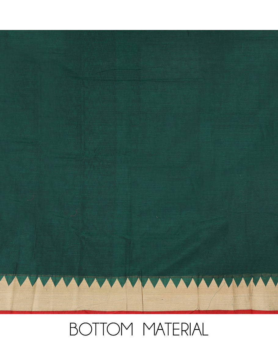 Green Mercerised Cotton Material Churidar Set, Featuring Plain and Temple Bordered Top, Comes with a Plain Mercerised Cotton Bottom, and Paired with a Mercerised Cotton Temple-Patterned Dupatta