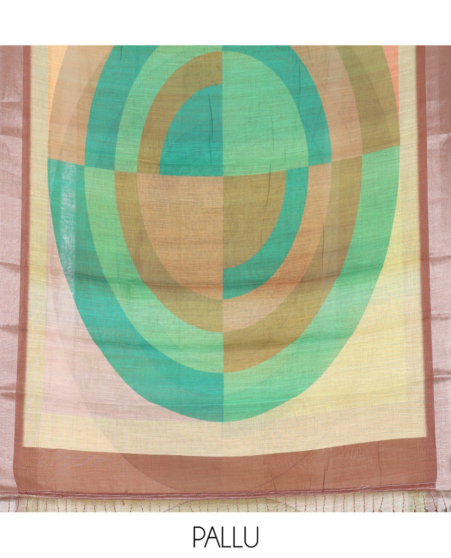 Green Linen Cotton Saree, Boldly Accentuated with Geometric Print on Its Body, Complemented by a Contrast Plain Border, a Circle-Motifs Printed Pallu, and Paired with a Contrast Blouse