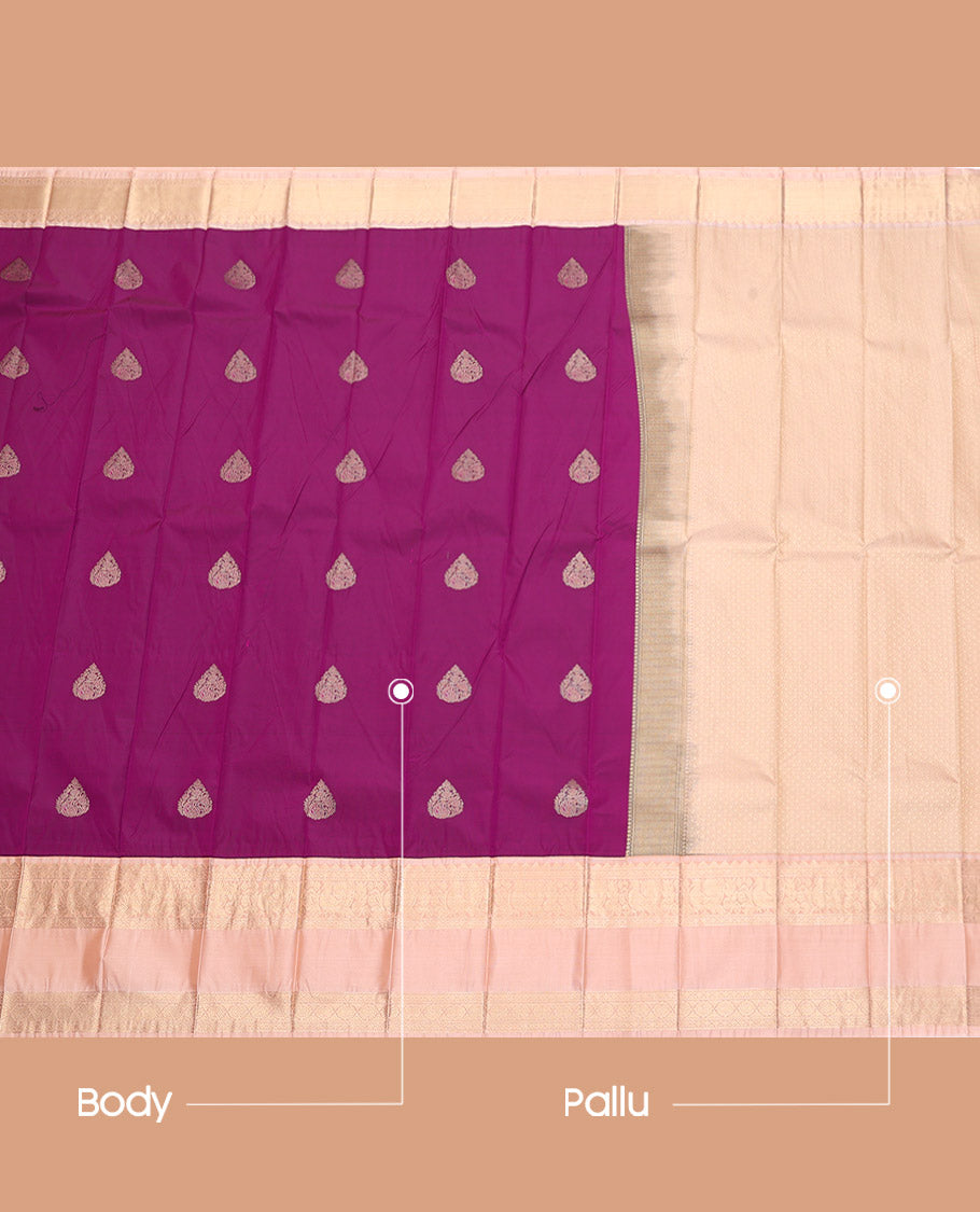 Purple Budget Silk Saree, Elevated with Zari Buttas, Complemented by a Contrast Traditional Zari Rettai Pettu Border, Sparsely Sparkled Pallu, and a Contrast Blouse