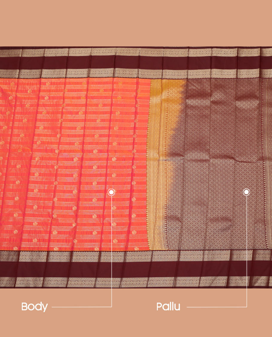Orange Budget Silk Saree, Bedecked with Zari Stripes and Peacock Buttas on Its Body, Complemented by Contrast Traditional Zari Design Rettai Pettu Border, Opulently Embellished Pallu, and Paired with a Contrast Blouse