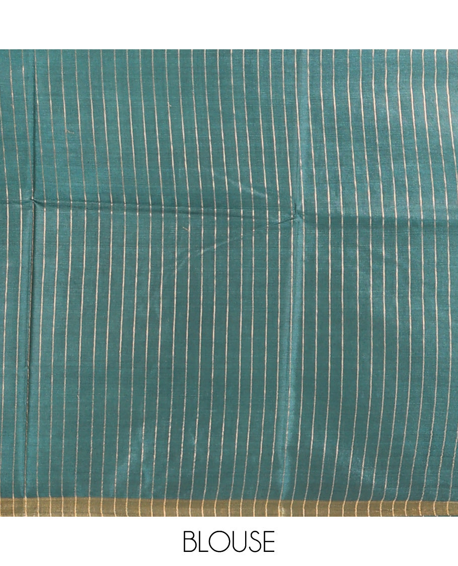 Green Tussar Saree, Detailed with Buttas, a Piping Border, Floral Vine-Woven Pallu, and a Matching Blouse
