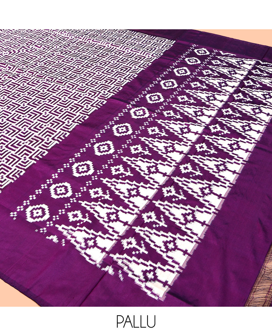 Purple Pochampally Ikat Saree Features Maze-Like Patterns, a Plain Border, Ikat-Style Woven Pallu, and a Matching Blouse