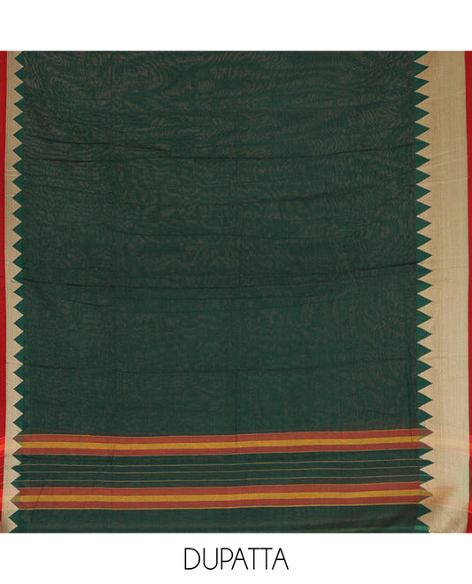 Green Mercerised Cotton Material Churidar Set, Featuring Plain and Temple Bordered Top, Comes with a Plain Mercerised Cotton Bottom, and Paired with a Mercerised Cotton Temple-Patterned Dupatta