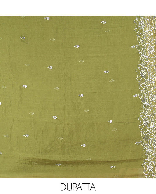 Cream-Green Organza Material Chudidar, Floral Thread Embroidery Top, Contrast Bottom, and Embroidered Scallop Dupatta