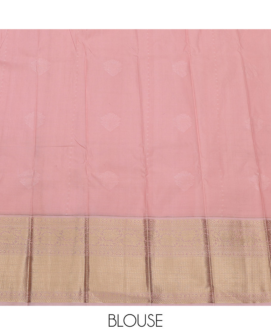 Orange Budget Silk Saree, Detailed with Zari Buttas, Complemented by a Contrast Traditional Zari Border, Grand Pallu, and Contrast Blouse