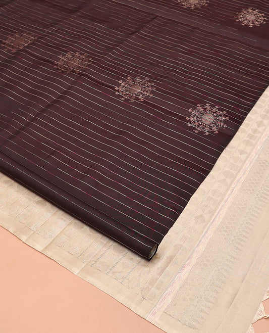 Borderless Brown Mayuri Soft Silk Saree, Steeped with Stripes, and Warli Motifs On Its Body, Complemented by Contrast Pallu of Geometric Patterns, and Paired with a Contrast Blouse