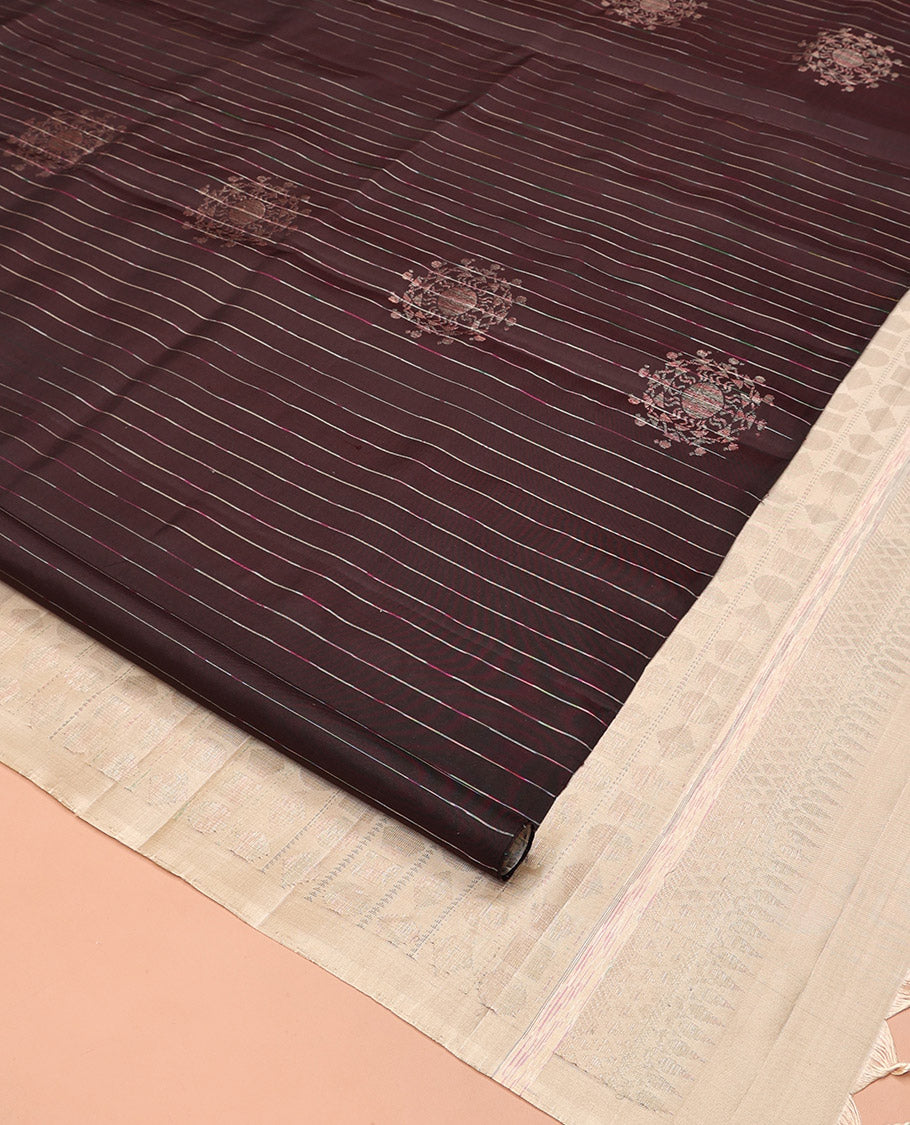Borderless Brown Mayuri Soft Silk Saree, Steeped with Stripes, and Warli Motifs On Its Body, Complemented by Contrast Pallu of Geometric Patterns, and Paired with a Contrast Blouse