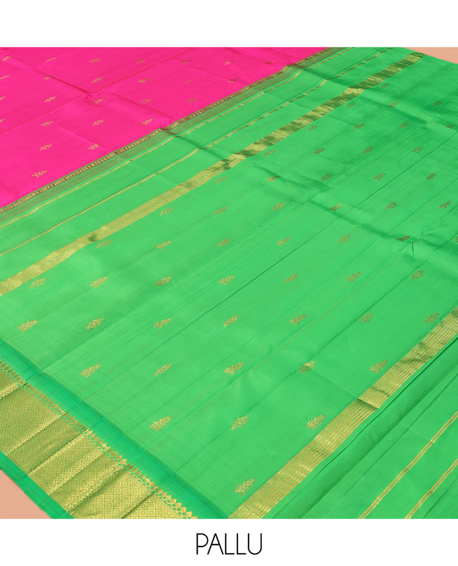 Rani Pink Kanchipuram Silk Saree, Adorned with Zari Buttas, Complemented by a Contrast Korvai Border of Panner Sombu, and Jaal Design, Zari Design Pallu, and No Blouse