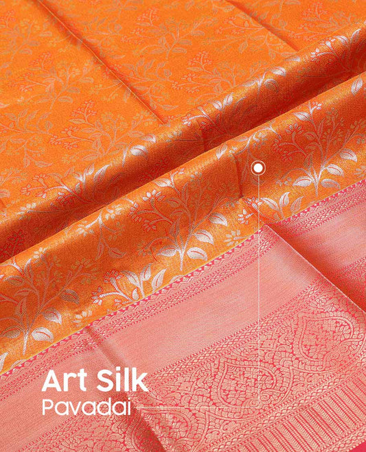 Orange floral design art silk pavadai material with contrast intricate zari design border & floral zari design blouse