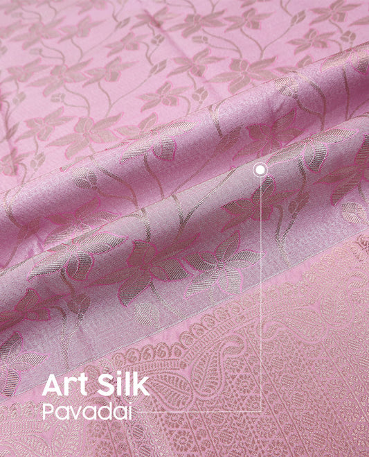 Pink art silk pavadai material set, floral jaal jacquard pavadai, jaal design blouse & traditional zari border