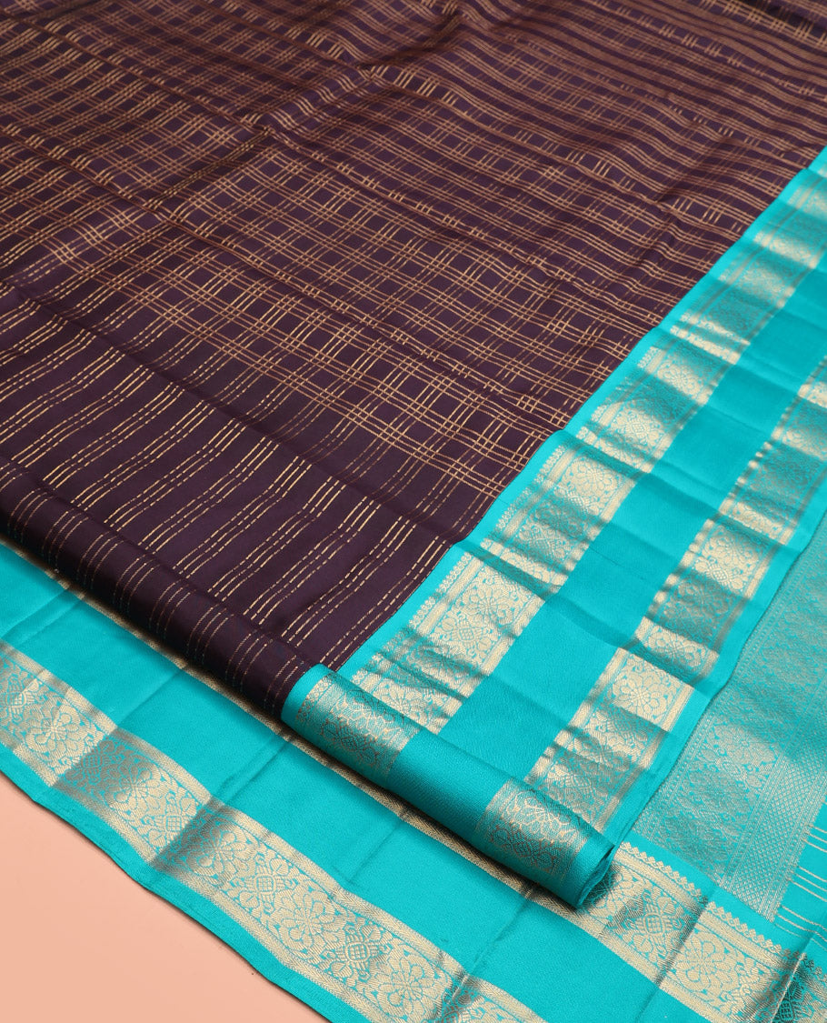 Brown Kanchipuram Silk Saree, Richly Detailed with Zari Checks, Contrast Rettai Pettu Traditional Border, Pallu of Chakram Butta Enclosed Checks, and Contrast Blouse